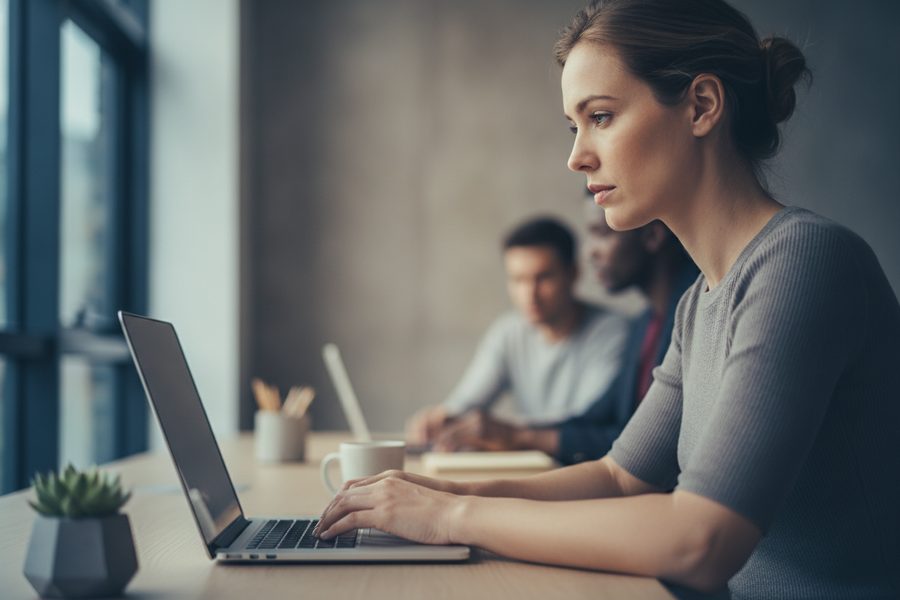 A consultant focused on applied-AI work at a laptop