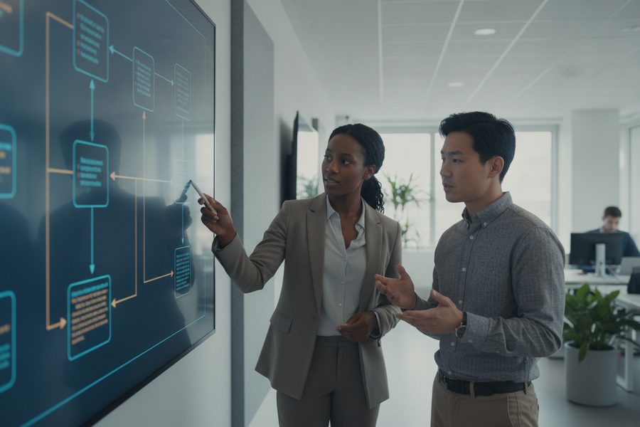 Two engineers reviewing an architecture diagram on a screen