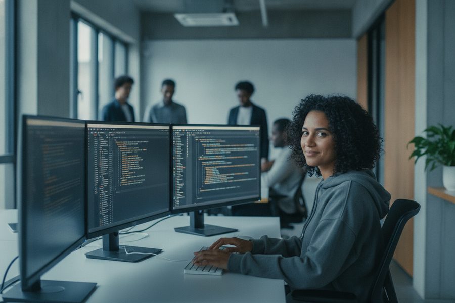 A developer focused at a multi-monitor workstation